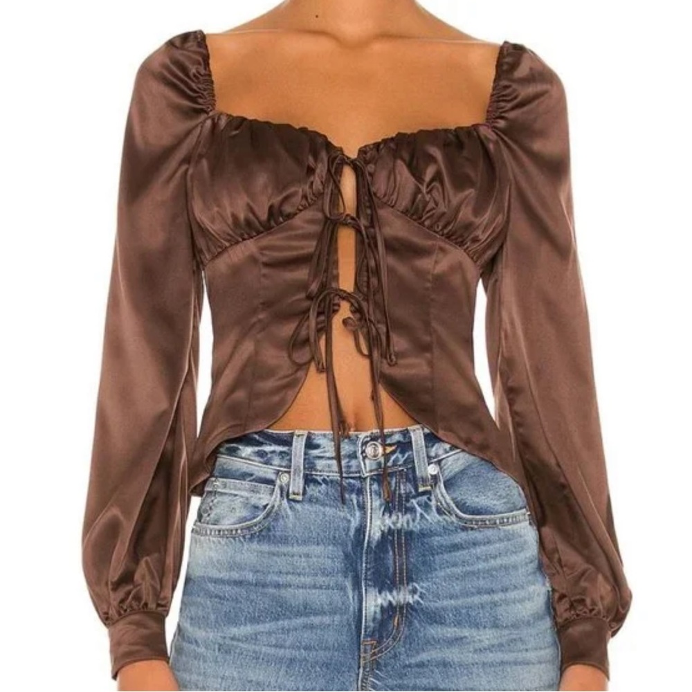 Revolve Majorelle Waldorf Top in Chocolate Brown Tie Front Small NWT Long Sleeve